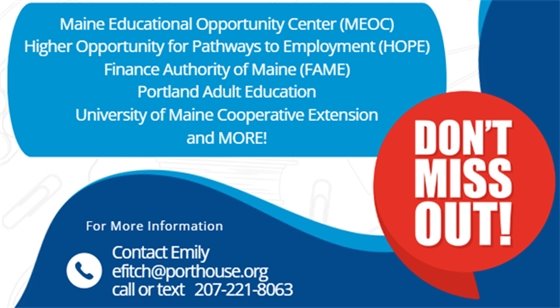 Many partner Organizations will be present. Contact efitch@porthouse.org with questions