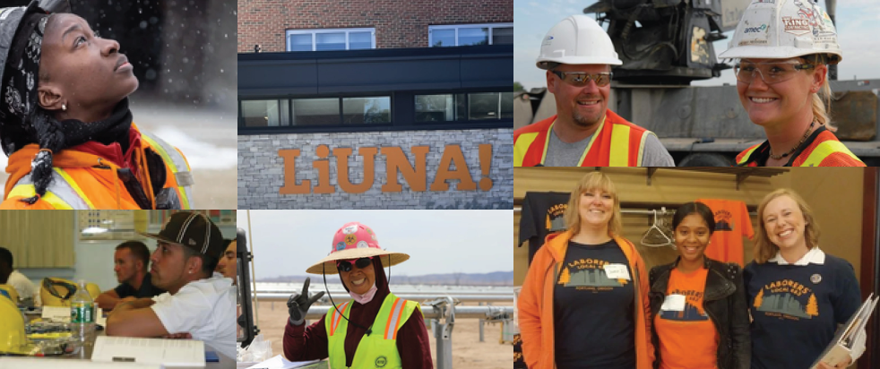 Collage of people dressed in high visibility vests and hard hats smiling, LiUNA building with logo
