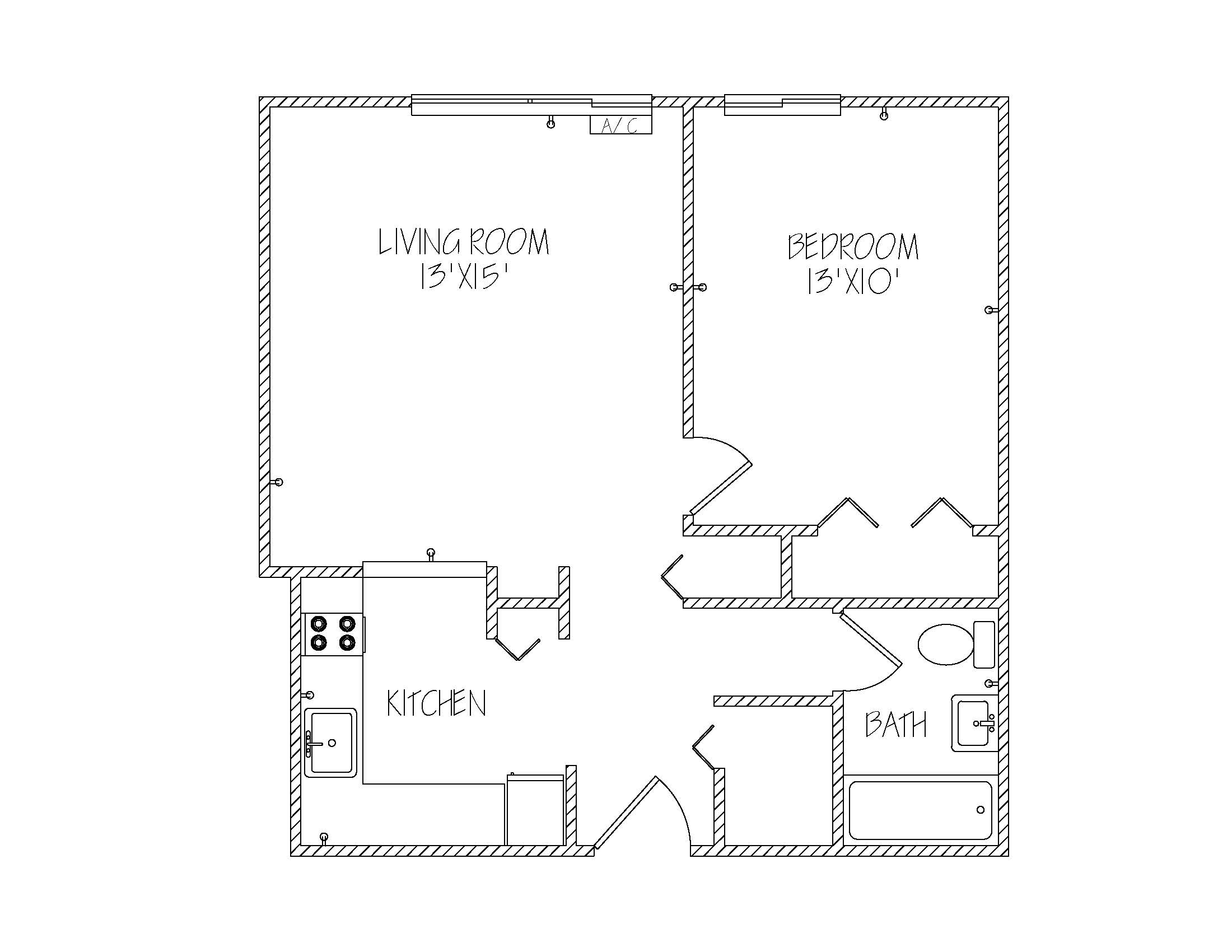 layout of the 1 bedroom apartment